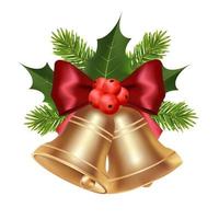 Golden Christmas bell  with red bow holly berries and pine tree branch vector