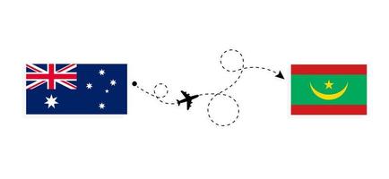 vuelo y viaje desde australia a mauritania en avión de pasajeros concepto de viaje vector