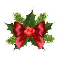 Red bow with holly berries and pine tree branch vector