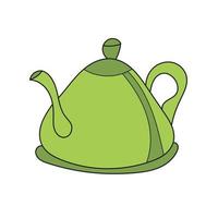 Simple cartoon icon. Green teapot kitchen utensil, cartoon style vector