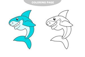 simple página para colorear. Ilustración de vector de dibujos animados en blanco y negro de peces tiburón