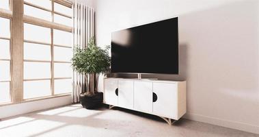 Smart TV LED en el diseño del gabinete, habitación mínima simulacro de fondo de pared blanca Representación 3D foto