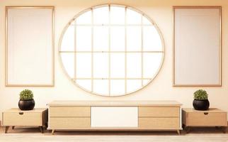 Cabinet wood design japanese style on Living room minimal white wall background.3D rendering photo