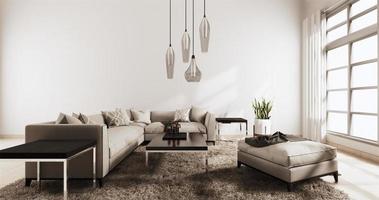 Sala de estar de estilo moderno con pared blanca sobre piso de madera y sillón sofá en alfombra. Representación 3D foto