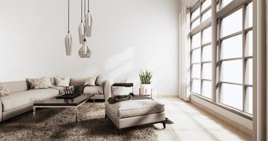 Living room modern style with white wall on wooden floor and sofa armchair on carpet.3D rendering photo