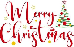 Vector hand writting lettering - Merry Christmas. Red letters with yellow stars and Christmas tree. Holiday text. Winter clipart. Calligraphy isolated on white background