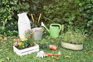 gardening inventory with flowerpots grass