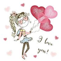 una tarjeta de san valentin. linda chica con corazones de globo. Te amo. vector.