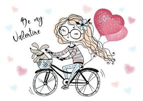 A Valentine's Day card.  Cute girl with balloons rides a bike. Be my Valentine. Vector. vector