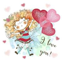 una tarjeta de san valentin. linda chica con globos en forma de corazones. se mi san valentin. vector. vector
