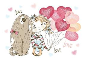 una tarjeta de San Valentín. linda chica con un perro mascota y corazones de globos. vector. vector