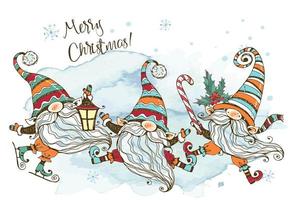 tarjeta navideña con una divertida linda familia de gnomos nórdicos con regalos. acuarelas y gráficos. estilo doodle.