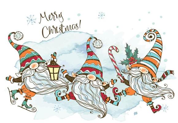 Christmas card with a fun cute family of Nordic gnomes with gifts. Watercolors and graphics. Doodle style.