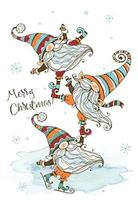 Christmas card with a fun cute family of Nordic gnomes with gifts. Watercolors and graphics. Doodle style. vector