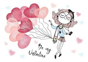A Valentine's Day card.  Cute girl with balloon hearts. Be my Valentine. Vector.