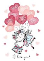 A Valentine's day card.  A cute girl is flying balloons with a gift.  Vector. vector