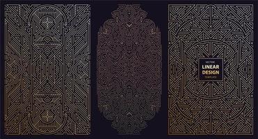 Vector set of monogram design in trendy vintage and mono line style with space for text, abstract golden geometric frames, luxury packaging templates. Use for ad, poster, card, cover. Art deco.