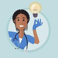 A nurse of African-American appearance looks from around the corner. She pulls the shoelace of the bulb. The light bulb turns on and glow. It is an idea, a hint. vector