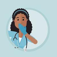 Young nurse in eyeglasses and medical gloves peers around the corner and covers his face with his hand. The nurse is surprised, discouraged. vector