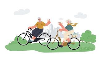 Active grandfather, grandmother ride e-bike in parkrelax.Active outdoor seniors life.Summer activity.Vector illustration.