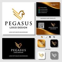 Luxury horse pegasus logo design with business card template. vector