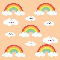 cute rainbow and clouds texture pattern concept for kids orange background vector