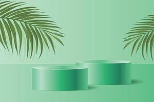 Product display podium decorated with tropical palm leaves on green background vector