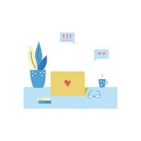 A desktop with a laptop, a flower, books and a mug. Flat vector illustration.