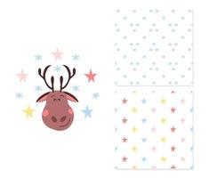 Cute deer in stars and snowflakes. Two vector seamless pattern for childish clothes, surface design.