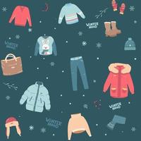 Christmas seamless pattern with cozy winter clothes. outerwear. Backdrop with warm seasonal clothing or apparel. Cartoon vector illustration for wallpaper, wrapping paper, textile print. Flat cartoon