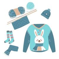 sewing, knitting, needlework. balls of yarn, knitting needles. Vector illustration. Cartoon hand-drawn set of knitted clothes. doodles - socks, woolen sweater, winter hat, knitting, warm scarf flat.