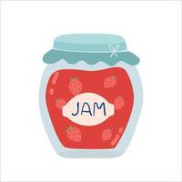 Strawberry jam jar. flat cartoon style. organic food. Glass capacity for berry meal with lid. Vector illustration. Isolated white background.