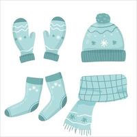 set of blue knitted scarf, hat and mittens socks on white. Winter clothes set. Vector illustration. flat