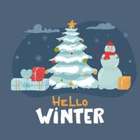 tarjeta de felicitación de navidad. árbol de navidad decorado con cajas de regalo, luces, bolas de decoración. para felicitaciones hola invierno. Ilustración de estilo de plano plano vectorial. vector