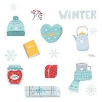 Winter. Cozy winter clothes. A set of winter cute things. Isolated vector illustration. Teapot, jam, book scarf cup, gifts vector on white flat cartoon