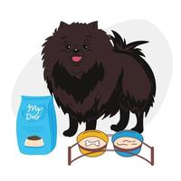 Dog pet puppy sitting with the food bowl gift food.dog breed pomeranian spitz. the dog is standing next to a bowl of food and a pack of food