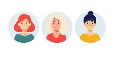 set of woman smiles. The woman with red hair, girl in glasses, woman with white hair . Office manager, designer, entrepreneur. Vector illustration. flat avatar