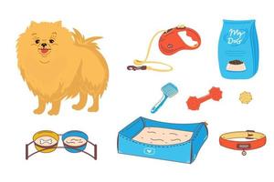 Set. pet shop icons. dog, breed Pomeranian. Accessories for dogs. Flat vector illustration. Feed, toys, balls, collar. Products for pet shop. Vector illustration isolated on white background cartoon