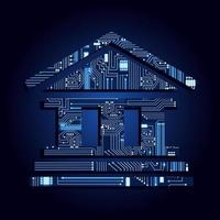 Bank icon filled in by electronic circuit. Digital bank concept for digital banking service. Blue and gradient background. vector