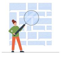 Woman with magnifying glass is looking for information. Data search and exploration concept. Documents archive and tracking in database. Vector illustration in flat style.