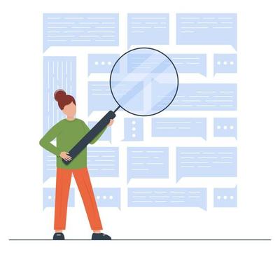 Woman with magnifying glass is looking for information. Data search and exploration concept. Documents archive and tracking in database. Vector illustration in flat style.