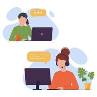 Customer support service online. Woman hotline operator sitting at table with a computer and headset offers online 24-7 help to a man client with laptop, talking on a mobile phone. vector