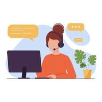 Online help desk concept. Call center female assistant with pc and headset offering virtual round-the-clock personal technical support, business customer service and advice for web problem solving. vector