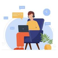 Man working or studying online from home. Student or freelancer sitting in an armchair with laptop on his lap. Mail and message icons around. Vector illustration in flat style.