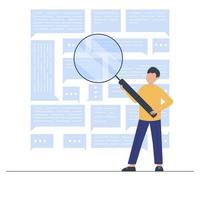 Man holding magnifier and looking for data. Search in the database, among messages, articles, text documents and files. Managing online digital database. Flat vector illustration.