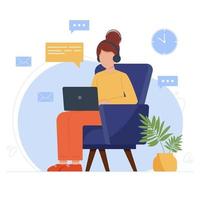 Work or study from home at comfortable place. Woman sitting in an armchair with laptop on her lap. Mail and message icons around. Vector illustration in flat style.