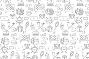 Seamless repeating pattern with cozy household items. Morning and evening routine. Vector illustration.