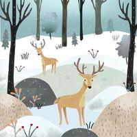 Couple deer  in beautiful winter forest cartoon vector