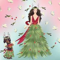 Beautiful woman and dog in christmas dress vector