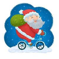 santa en bicicleta con una bolsa llena de regalos vector